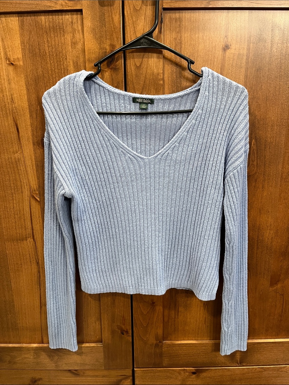 Pale Blue Ribbed V-Neck Sweater